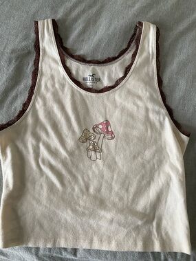 Hollister Cream Ribbed Tank with Pink & Brown Mushroom Print
